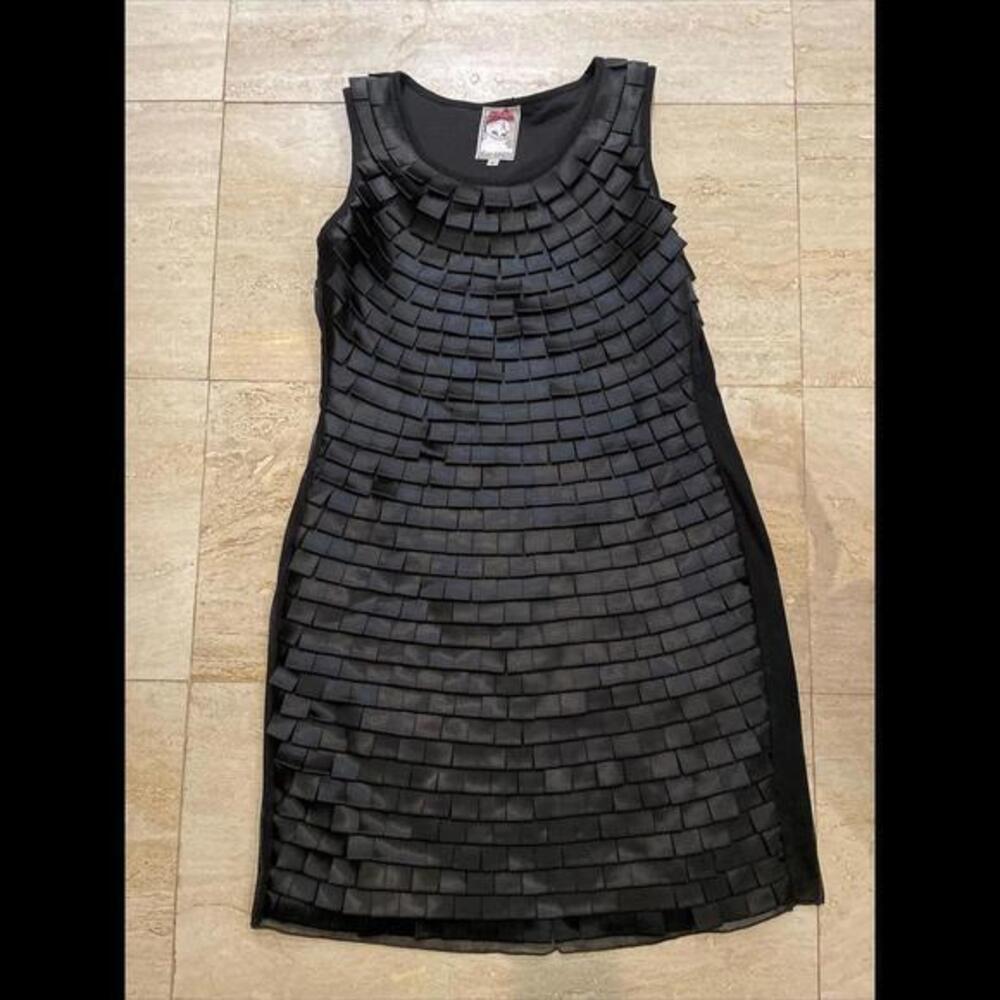Anthropologie Yoana Baraschi Black Pleated Ribbon‎ Shift Dress Sz 8